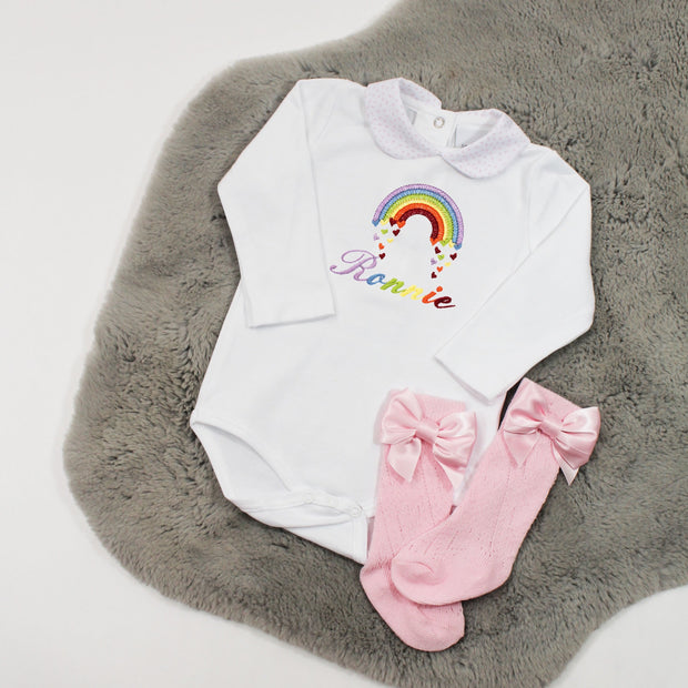 Embroidered Rainbow Personalised Pink Collar Babygrow