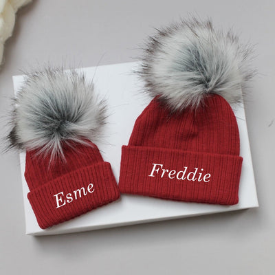 Red & Grey Single Faux Fur Pom Hat (With or Without Personalisation)