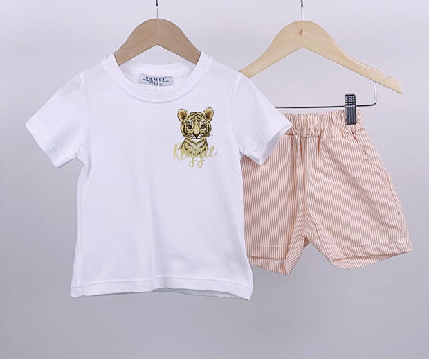 T-shirt & Peach Pinstripe Shorts Set (Can be personalised)