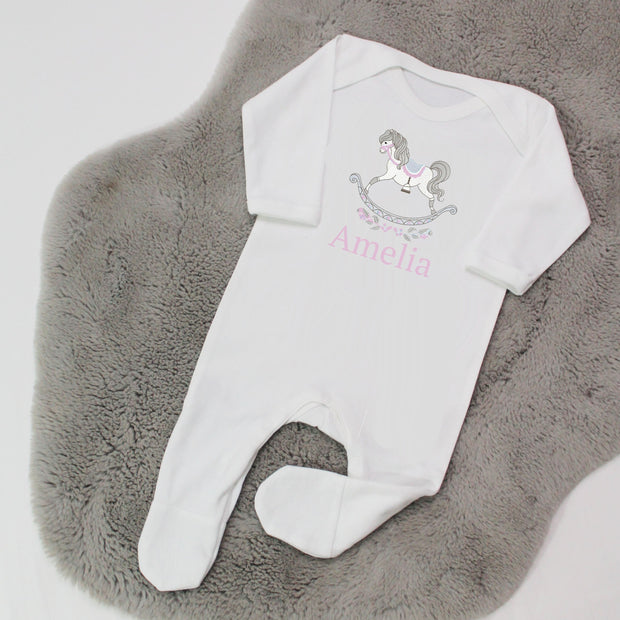 Baby Pink Rocking Horse Embroidered Sleepsuit