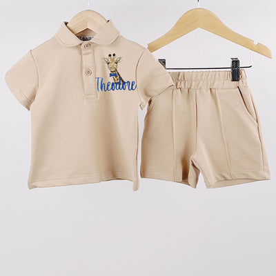 Beige Animal Short Sleeved Embroidered Polo Shirt & Shorts (Various Animals)