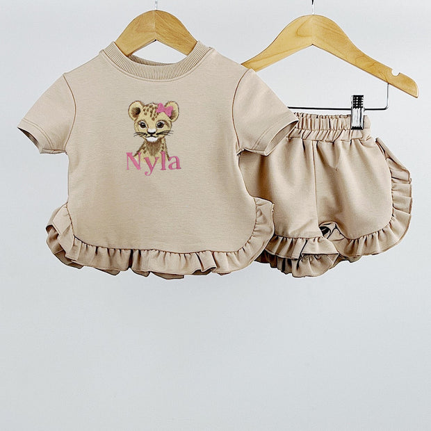 Beige Animal Short Sleeved Embroidered Frill Top & Shorts (Various Animals)