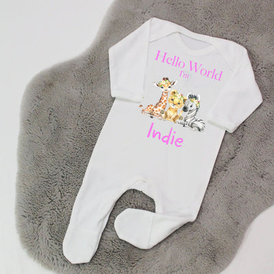 Hello World Personalised Baby Girl Rompersuit - Floral Safari Animals