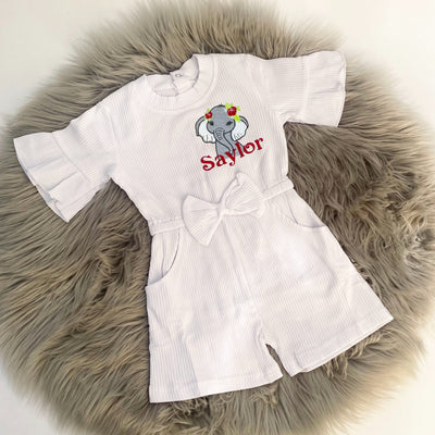White Animal Personalised Embroidered Ribbed Bow Detail Playsuit