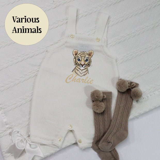 Embroidered Ivory Short Knit Dungarees - Various Animals