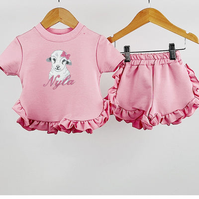 Pink Animal Short Sleeved Embroidered Frill Top & Shorts (Various Animals)