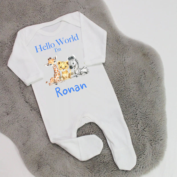Hello World Personalised Baby Boy Rompersuit - Safari Animals