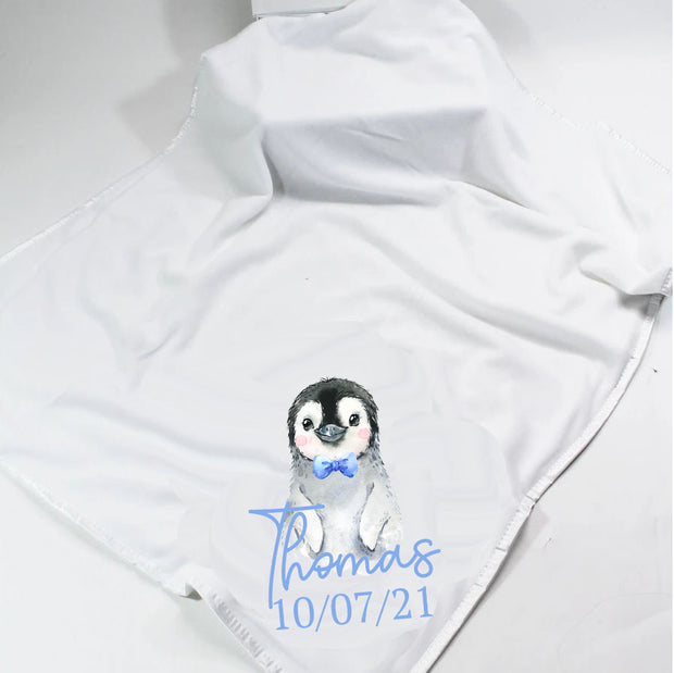 Penguin Minky Soft Printed Personalised Blanket - Various Coloured Blankets