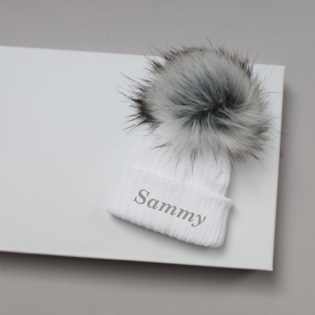 White & Grey Single Faux Fur Pom Hat (With or Without Personalisation)