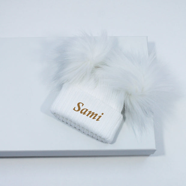 White Double Faux Fur Pom Hat (With or Without Personalisation)