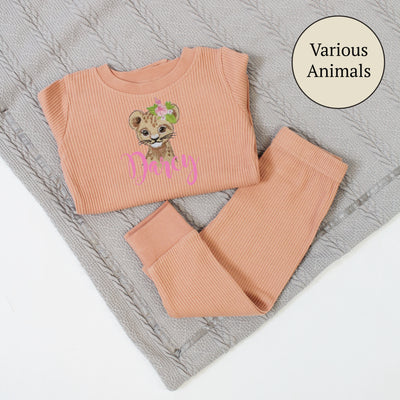Floral Animal Embroidered Personalised Ribbed Loungeset (Various Colour Sets)
