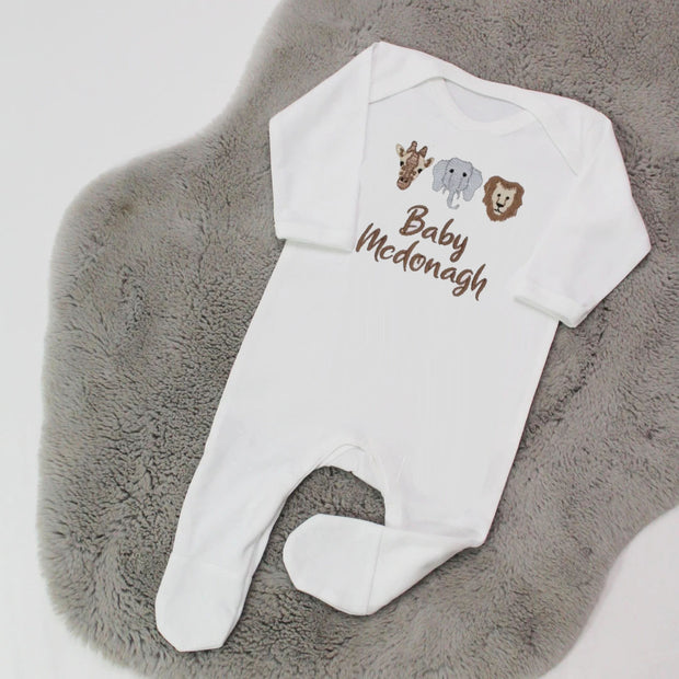 Safari Animals Baby 'Name' Embroidered Personalised Sleepsuit